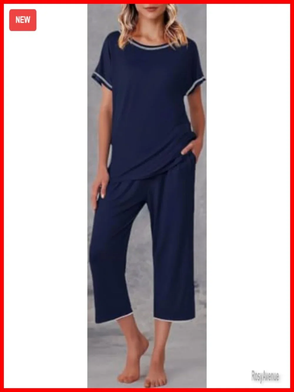 Capri Pajama Set - Short Sleeve Sleepwear with Pockets, Crewneck Lounge Set